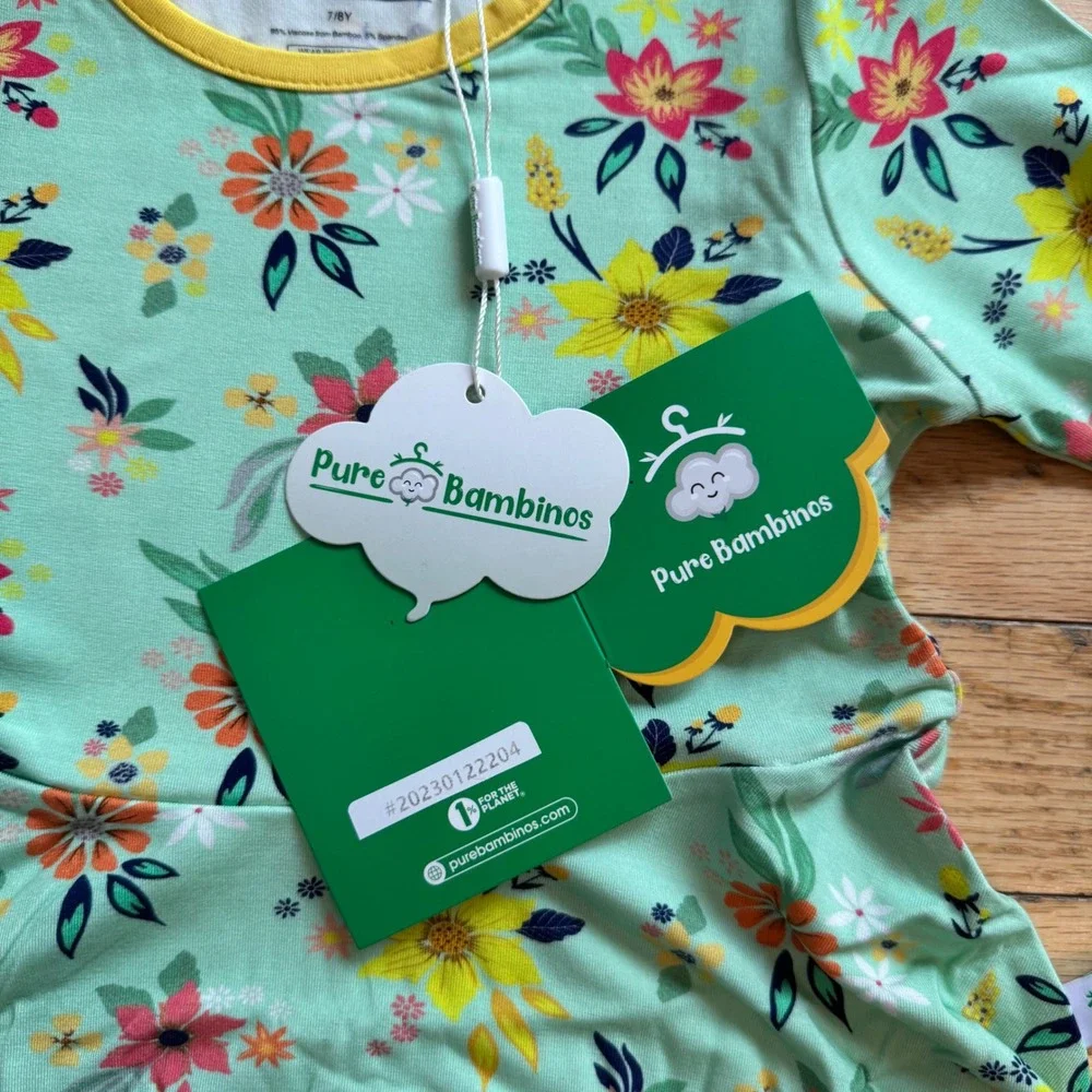 Pure Bambinos Bloom Journey Bamboo Twirl Dress Floral Mint Green Kids 7/8Y NWT
